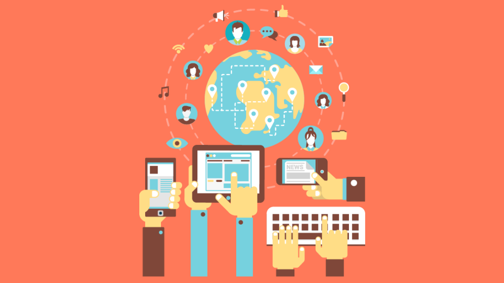 Illustration of networked devices in front of connected globe.