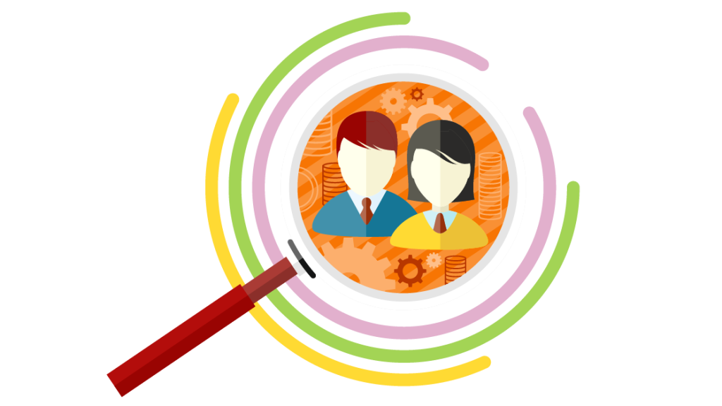 Abstract illustration of man and woman viewed through magnifying glass.