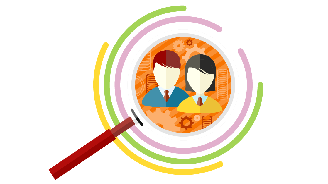 Abstract illustration of man and woman viewed through magnifying glass.