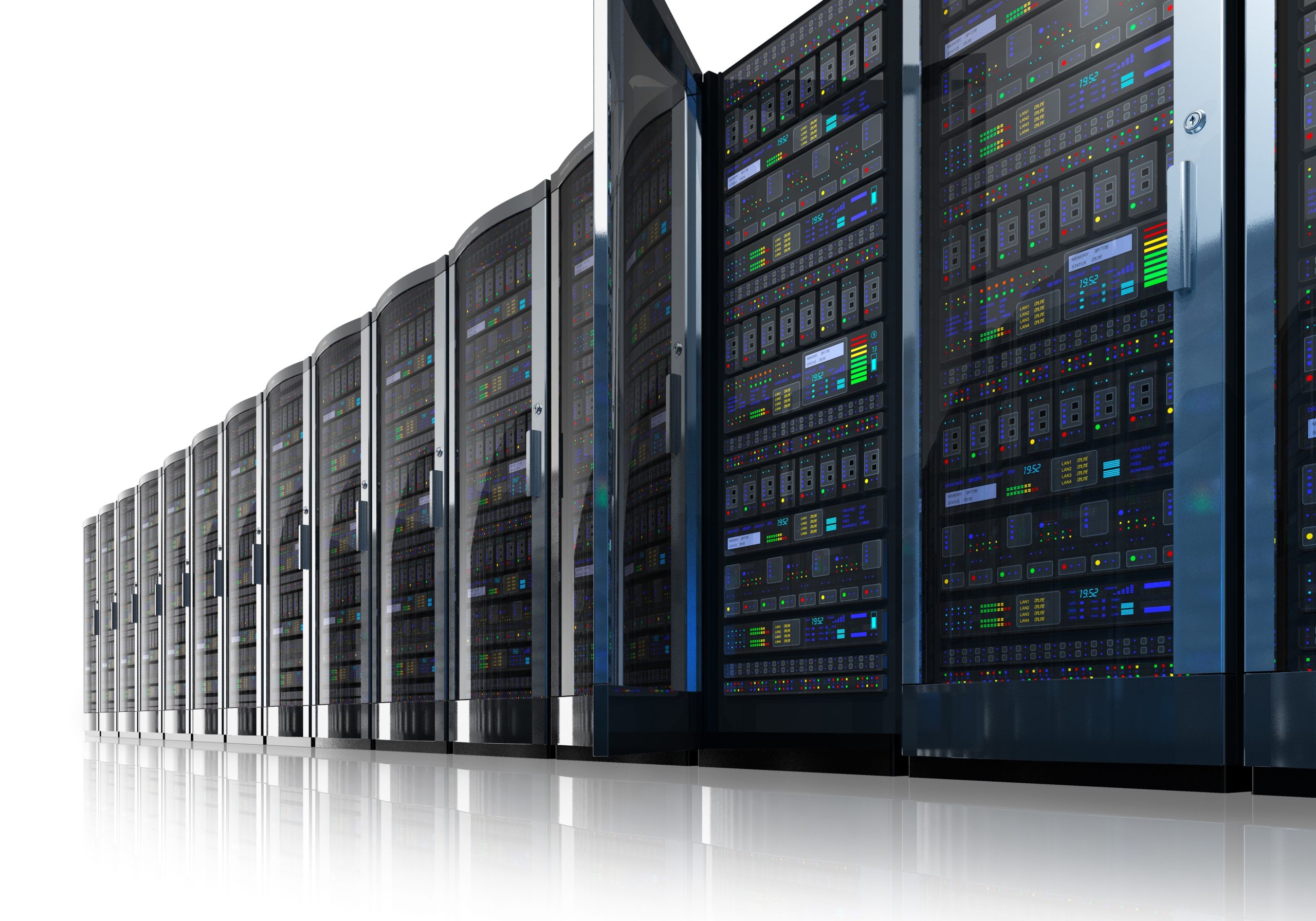 Computer server array against white background.