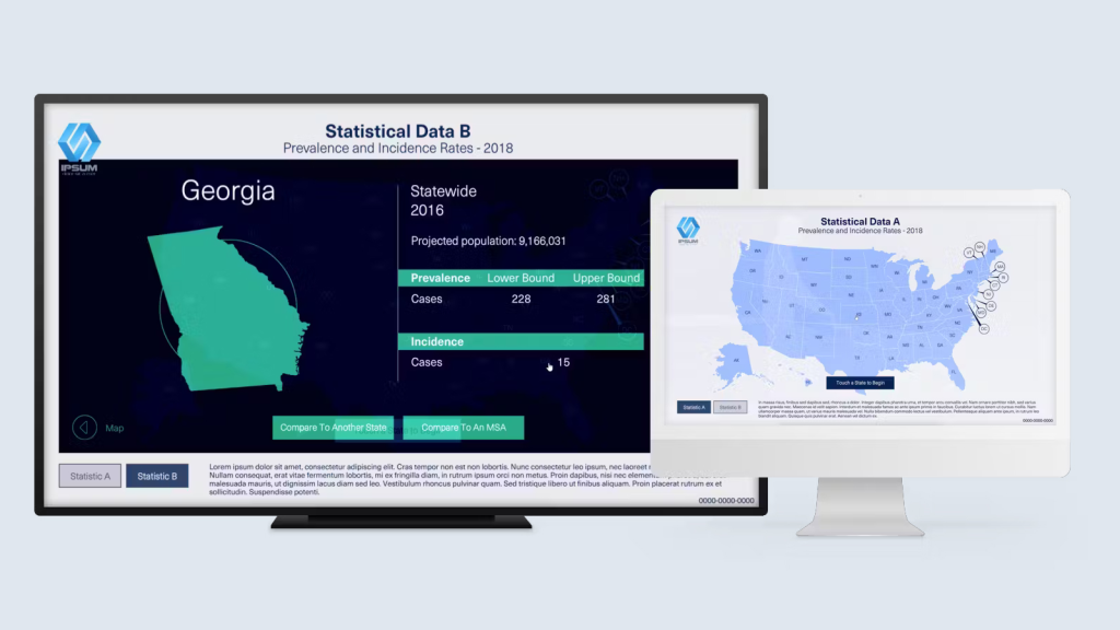 Screen shots from a trade show touchscreen application designed by Brella Productions of the map of the United States, featuring incidence rates for Georgia.