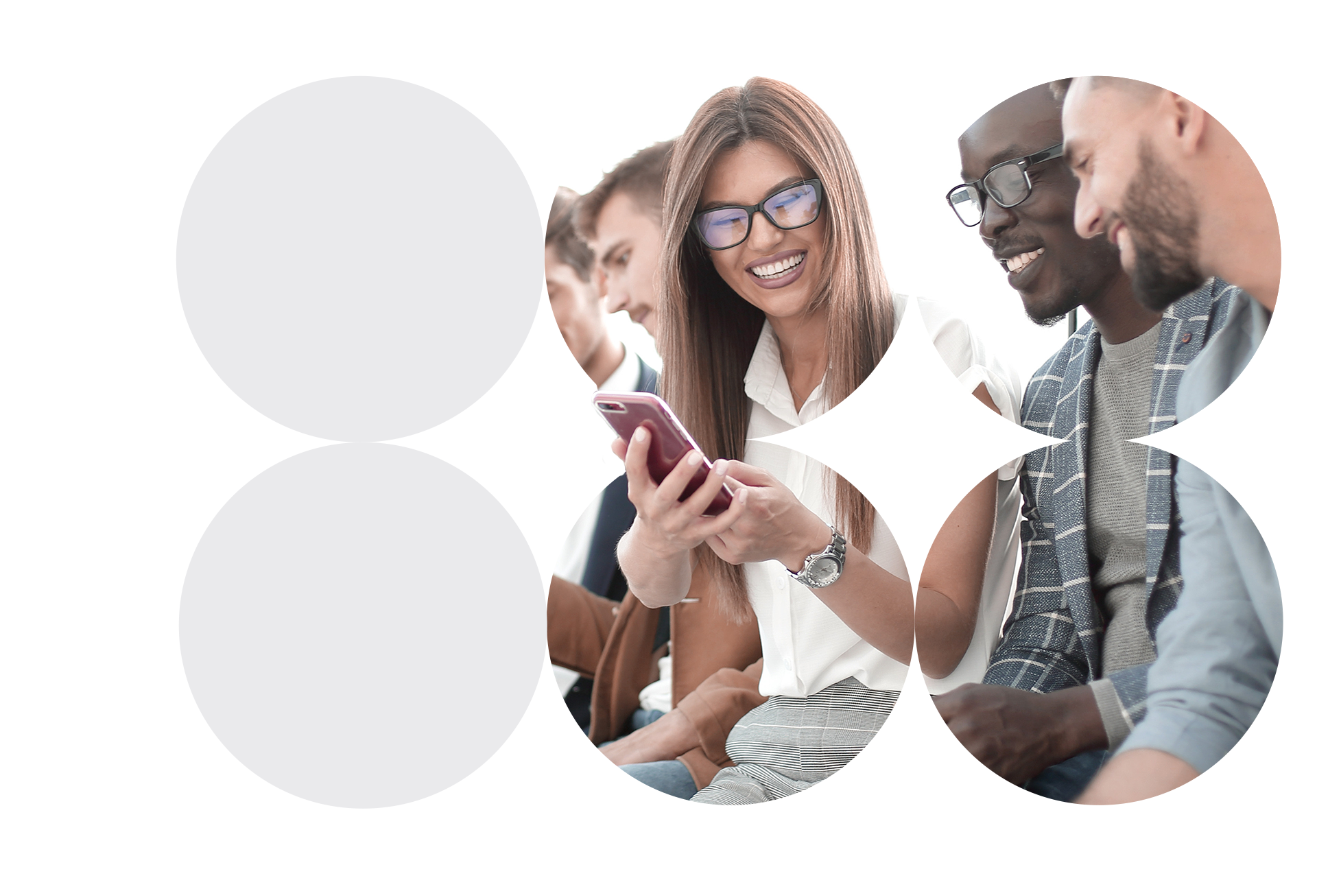 Circular cutouts of small groups of multicultural colleagues looking at shared phone screens.