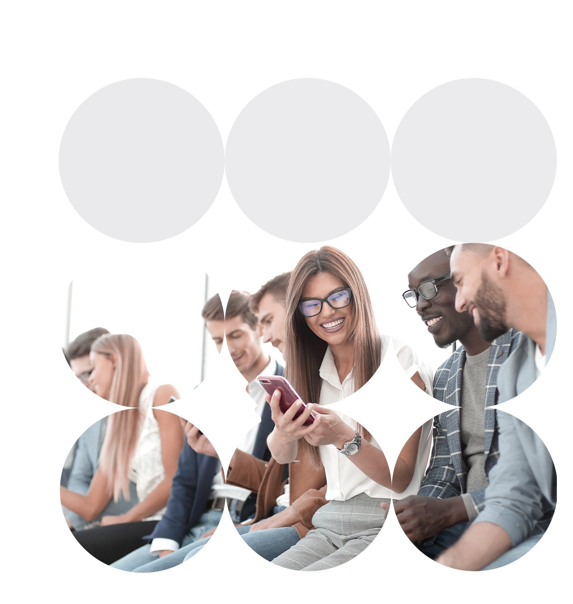 Circular cutouts of small groups of multicultural colleagues looking at shared phone screens.
