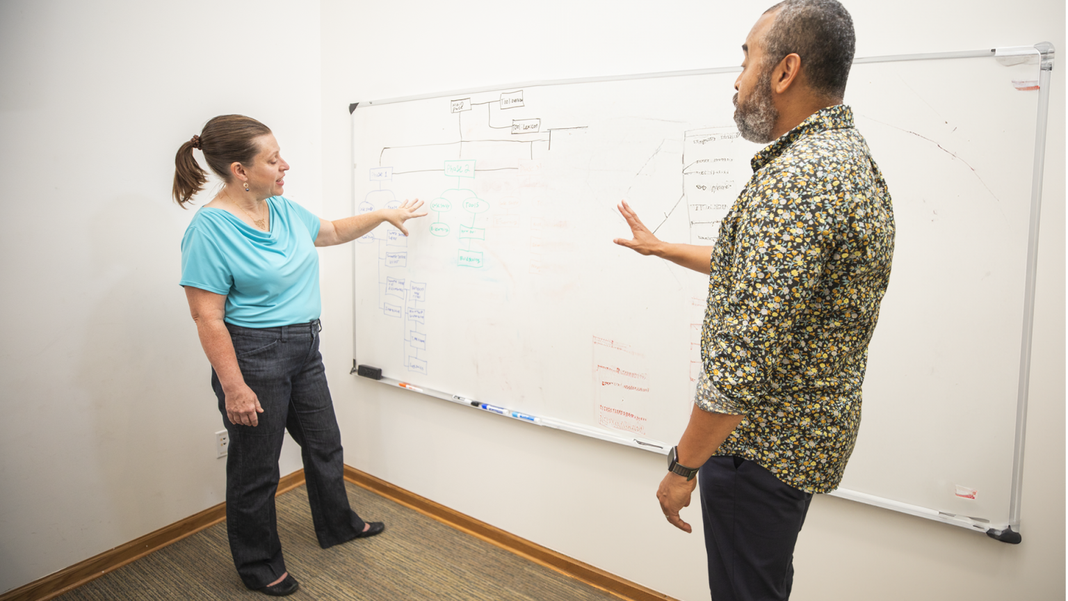 Bernadette Burke, Brella's President and Executive Learning Strategist, has a discussion in front of a whiteboard with a coworker.