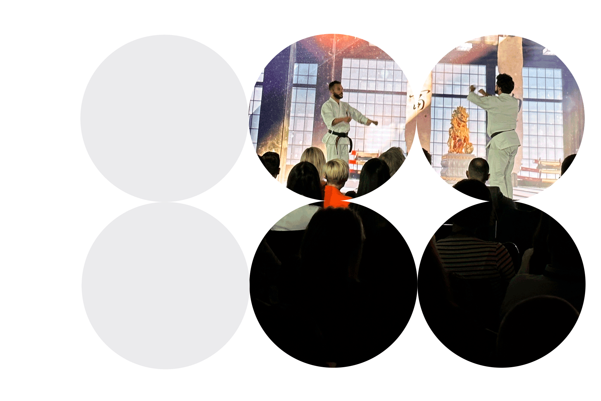 Circular cutouts of a Brella event management agency-designed, corporate meeting opening, featuring a martial arts demonstration in front of a video backdrop of a dojo.