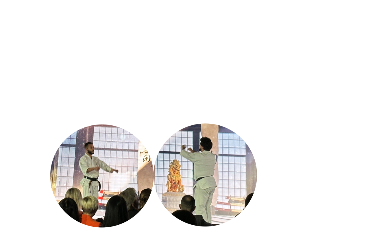 Circular cutouts of a Brella event management agency-design, corporate meeting opening featuring a martial arts demonstration in front of a video backdrop of a dojo.