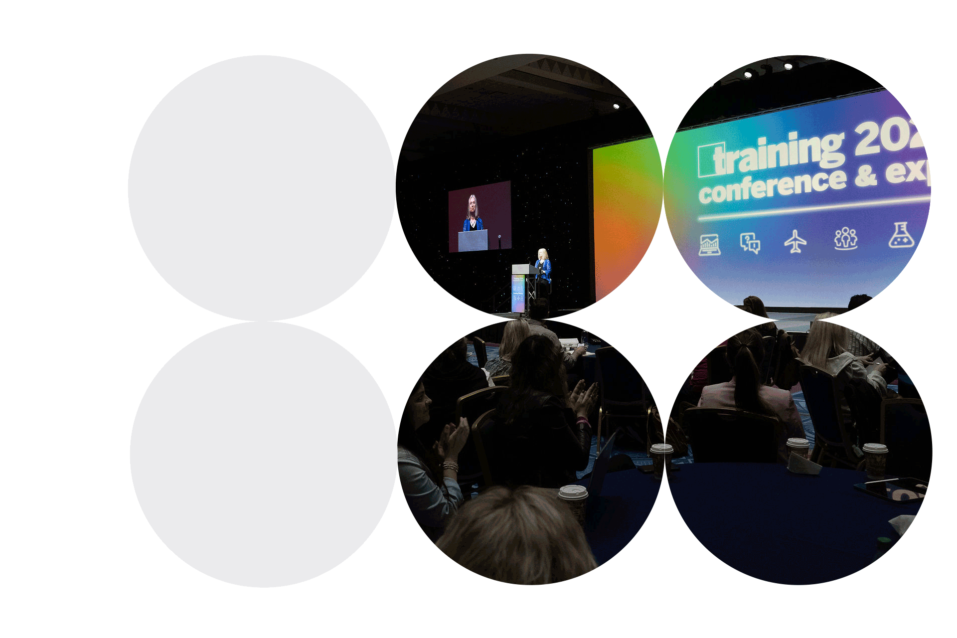 Circular cutouts of the pleanary session at a Training Magazine conference.