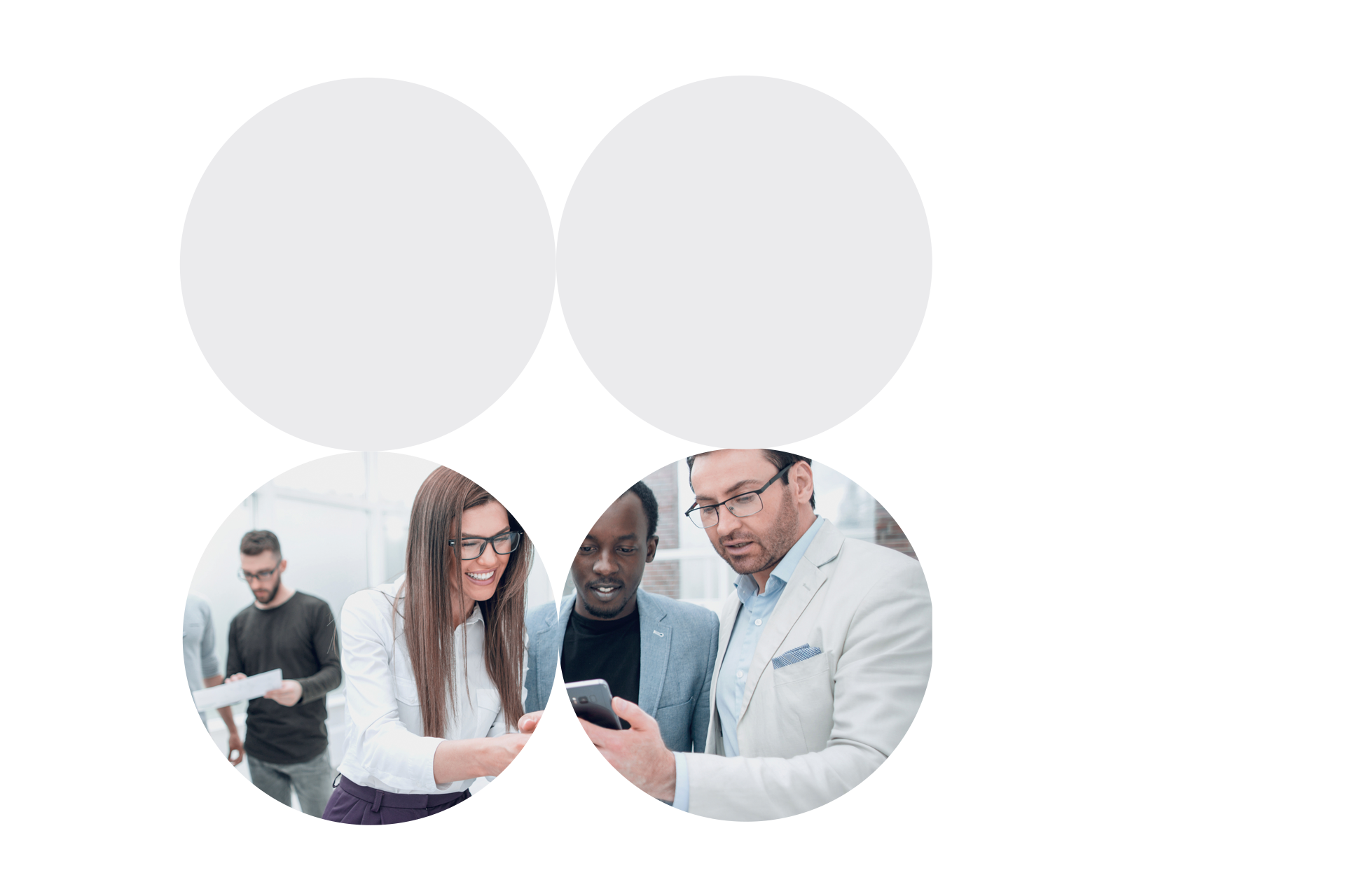 Circular cutouts of smiling colleagues looking at the smartphone screen.