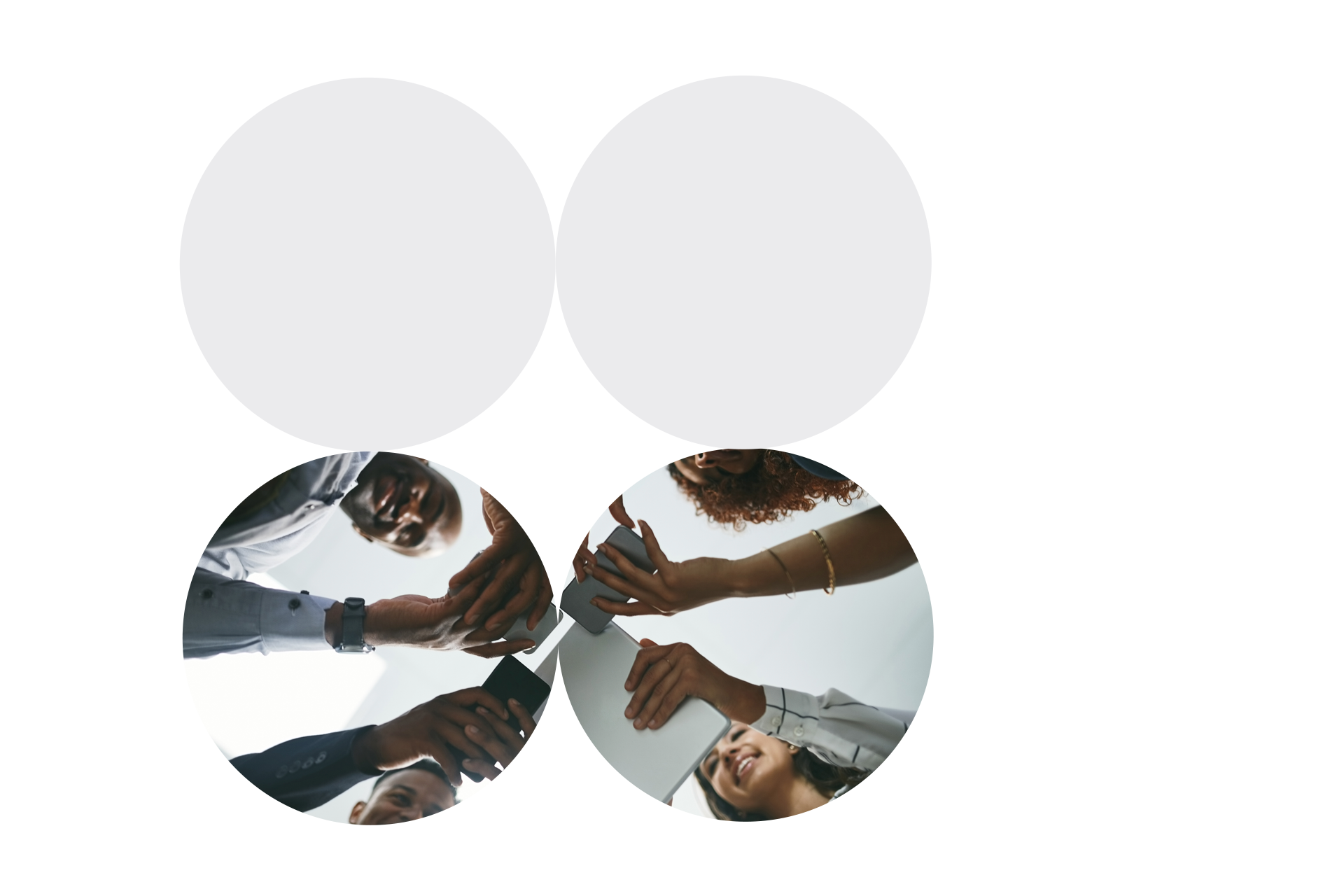 Circular cutouts of smiling coworkers using smartphones and tablets, viewed from below.