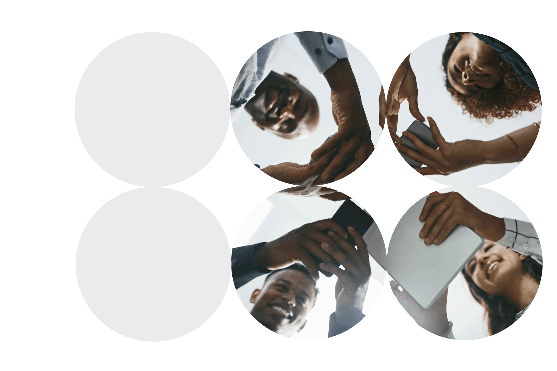 Circular cutouts of smiling coworkers using smartphones and tablets, viewed from below.