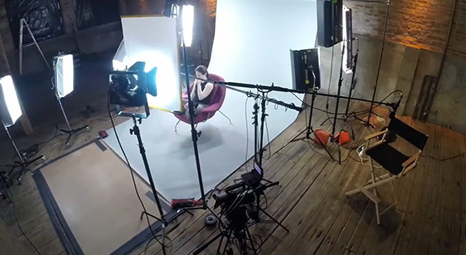 Video studio set for a corporate interview shoot produced by Brella Productions.